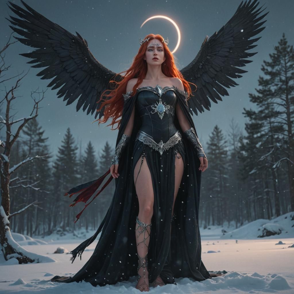 Winged Goddess in Snowy Landscape, Fantasy Art
