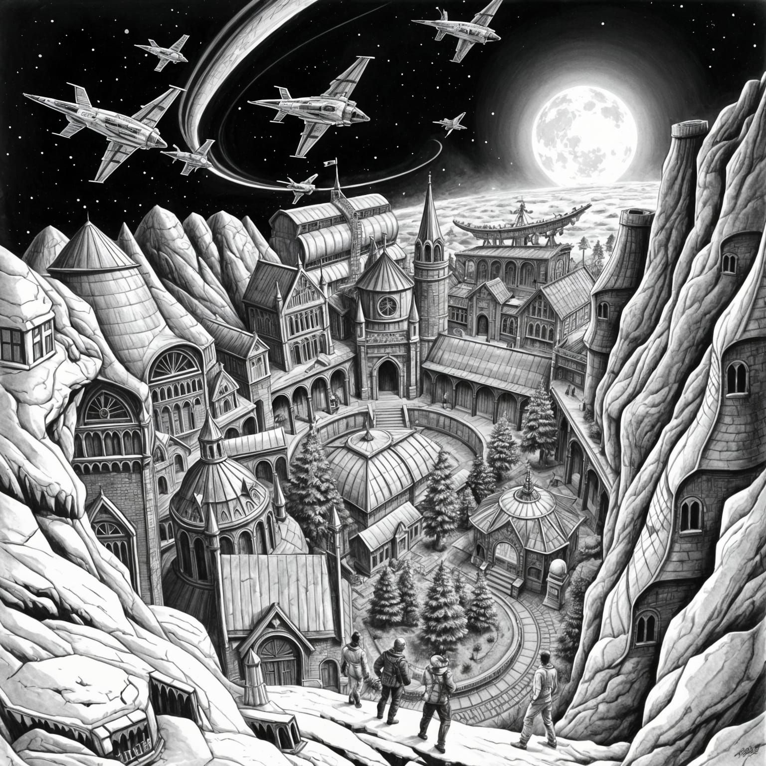 Gothic Village on the Moon in a Crater, Inspired by David Ma...