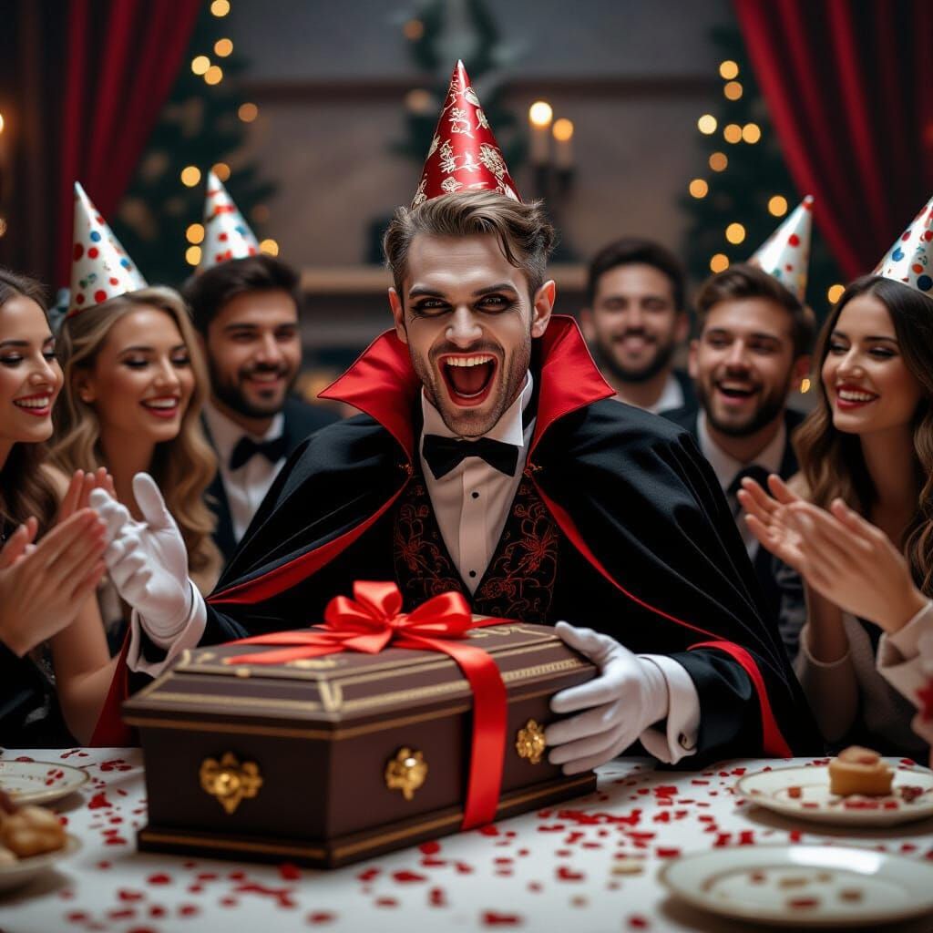 Vampire Receives Coffin Gift at Enthralled Party