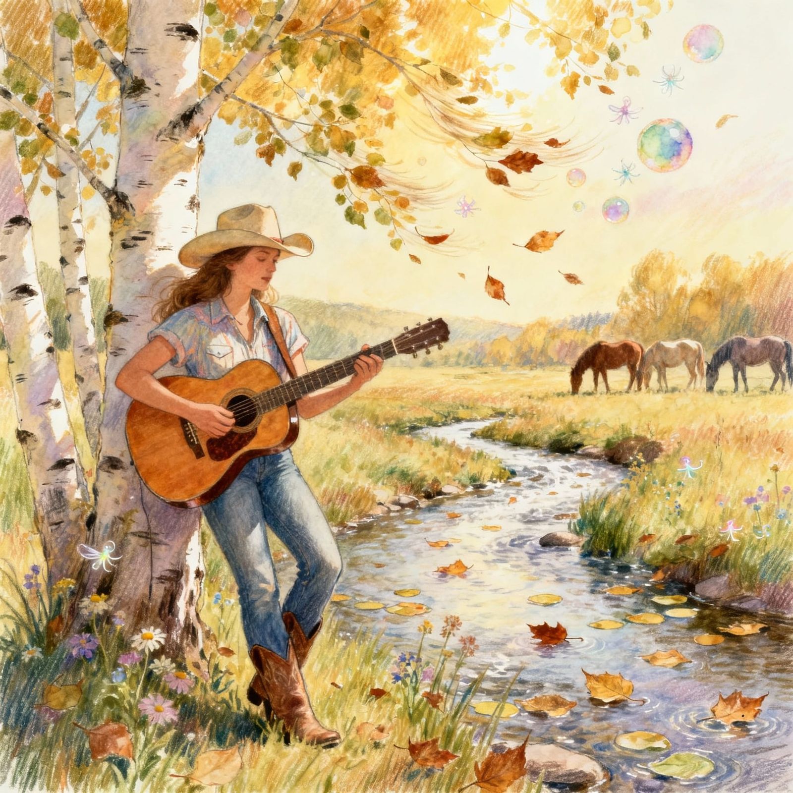 American Musician Plays Guitar Under Birch Tree in Watercolo...