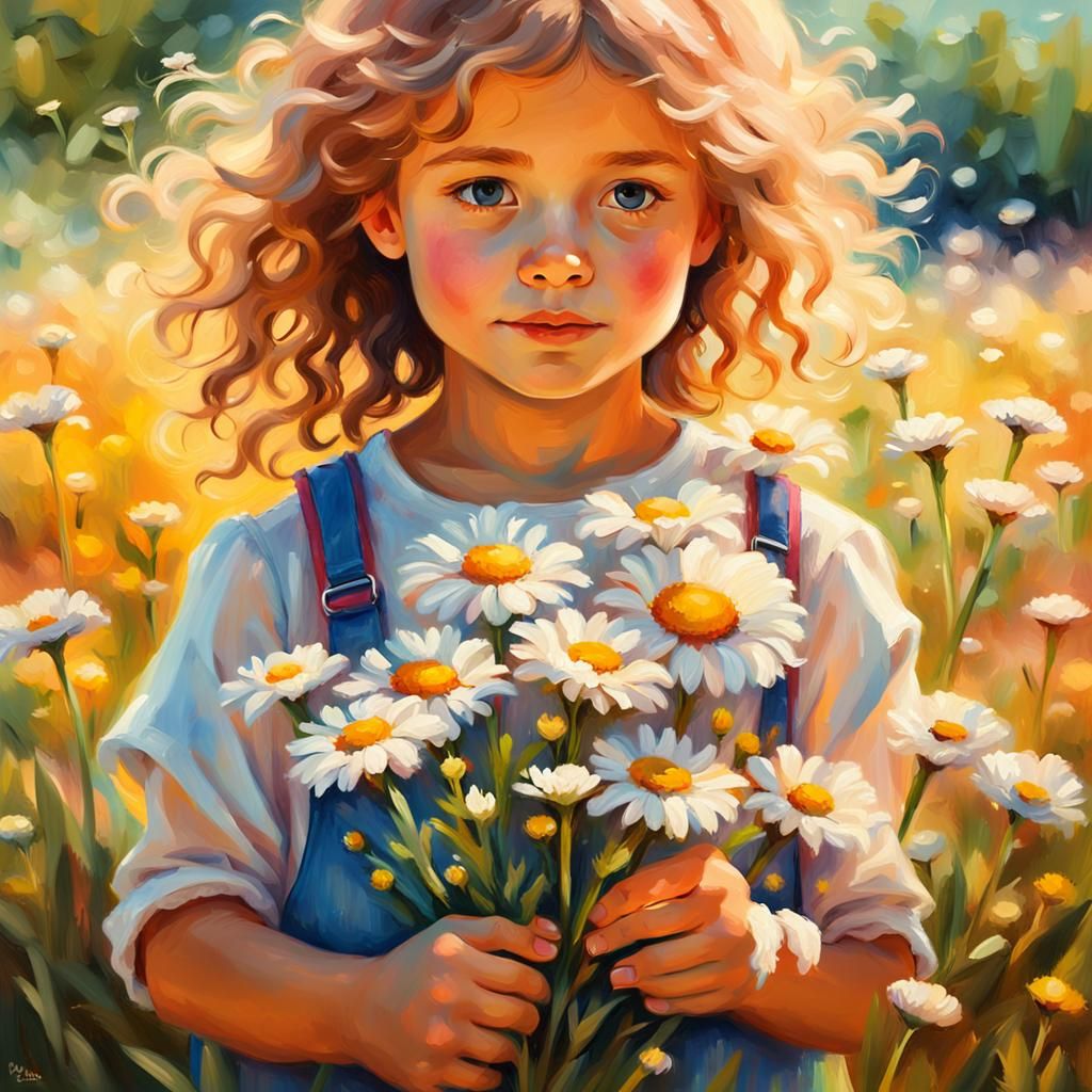 Little Girl with Daisies: Impressionist Oil Painting