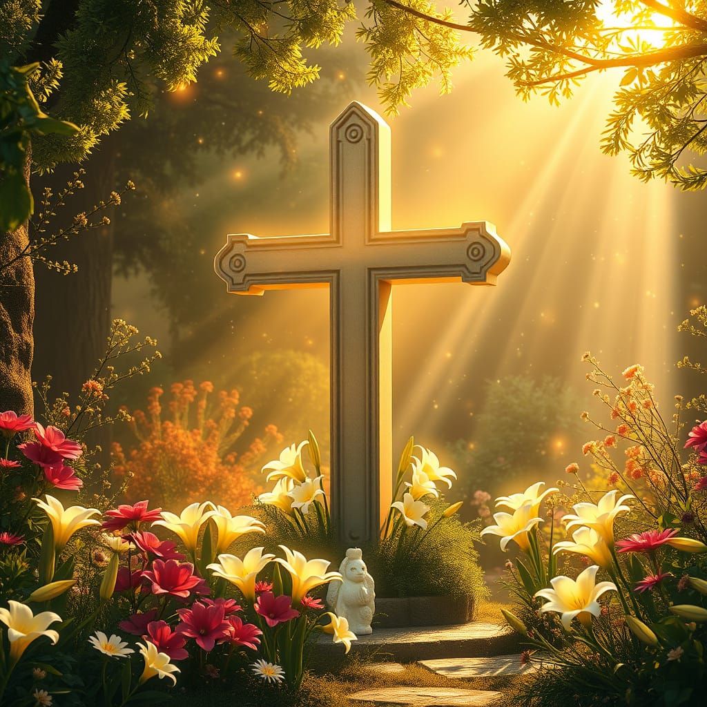 Surreal Easter Garden Cross with Lilies in Dreamy, Whimsical...