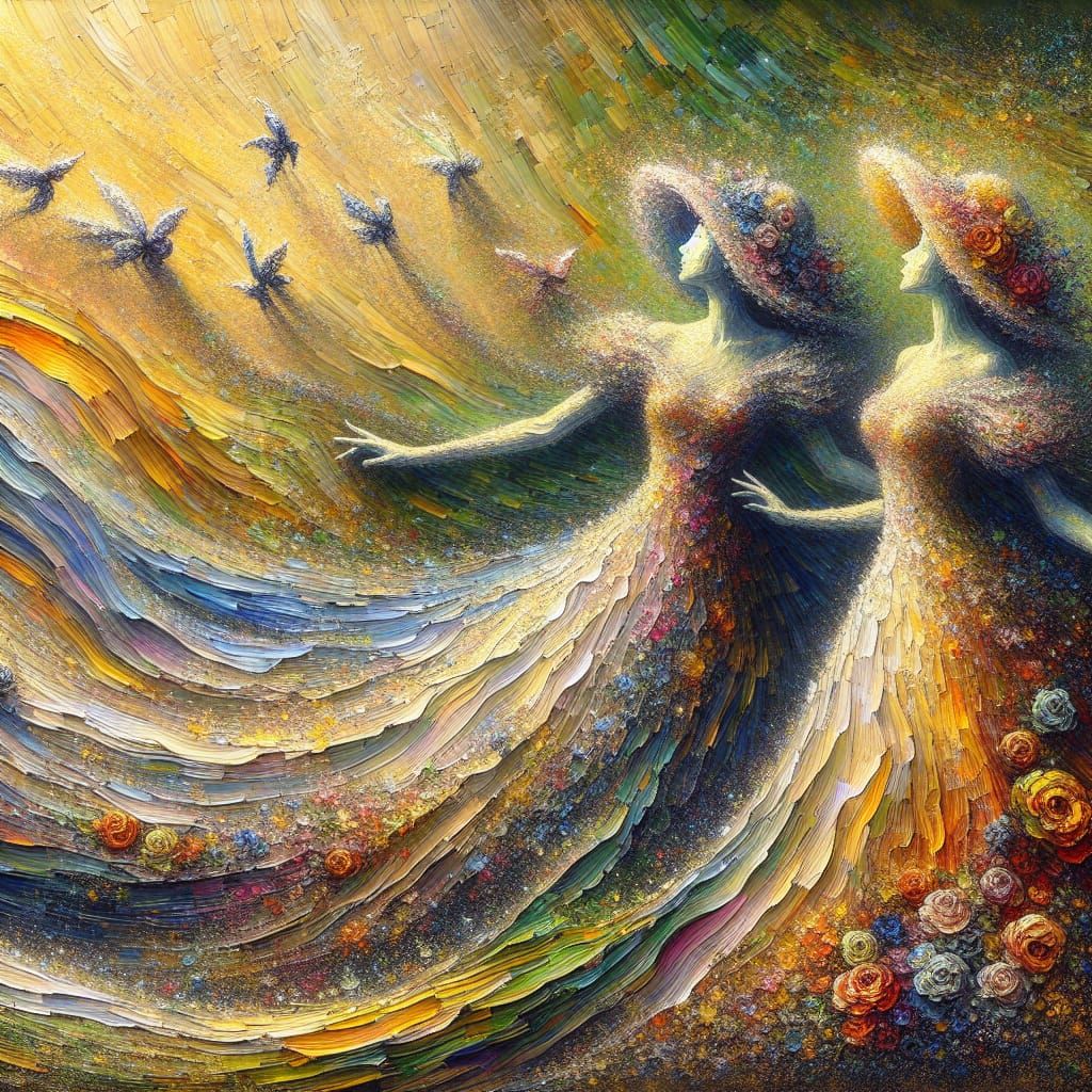 Women in Vivid Gowns Reaching for Sun in Romantic Fantasy St...