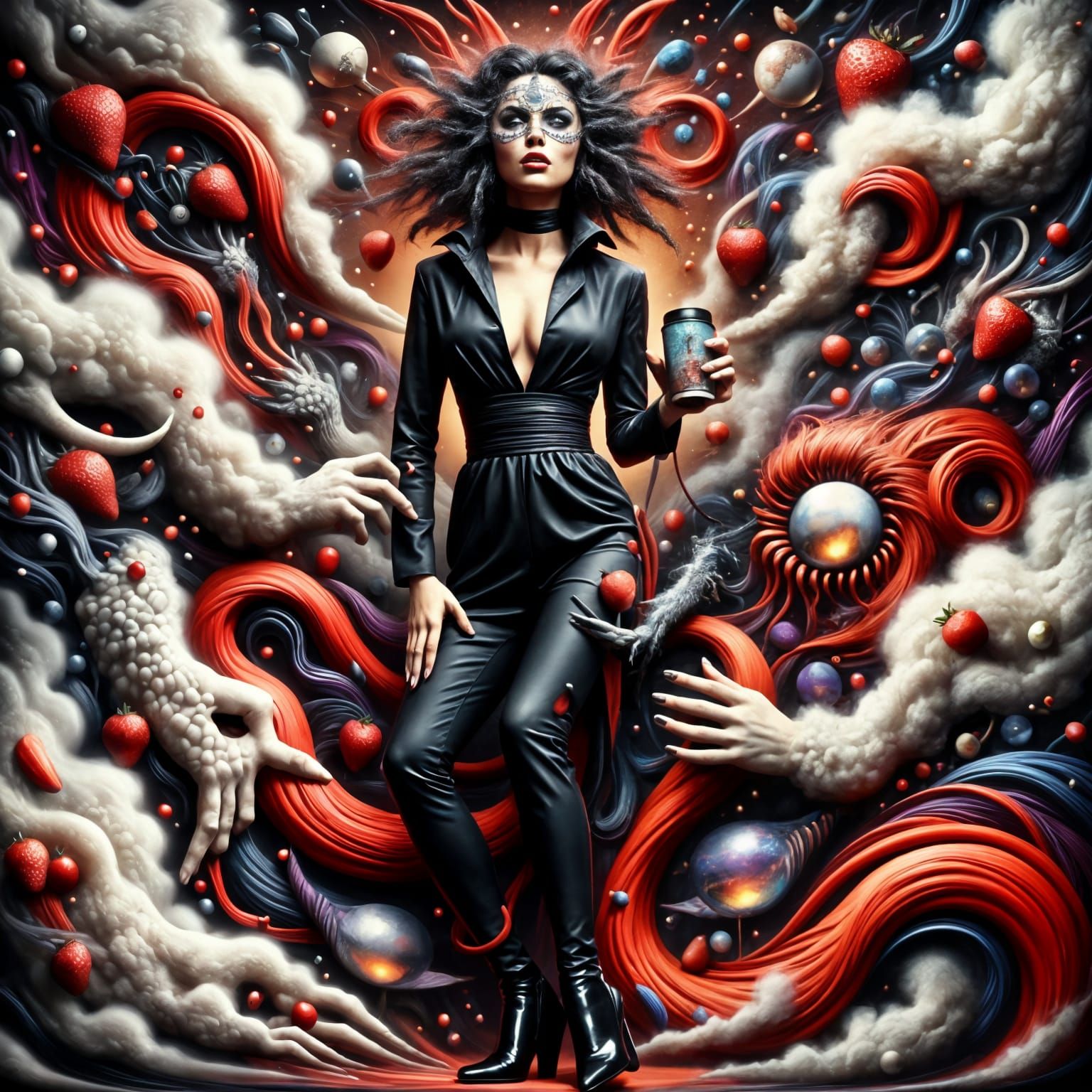 Pitch Black Surrealist Masterpiece with Triadic Colors