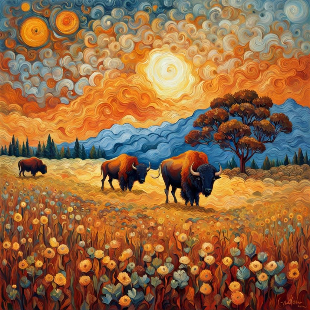 Expressionist Landscape Painting of Buffalo in Sunrise Glory