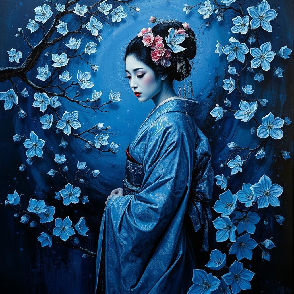 Geisha in Blue Cherry Blossom Impasto Vortex