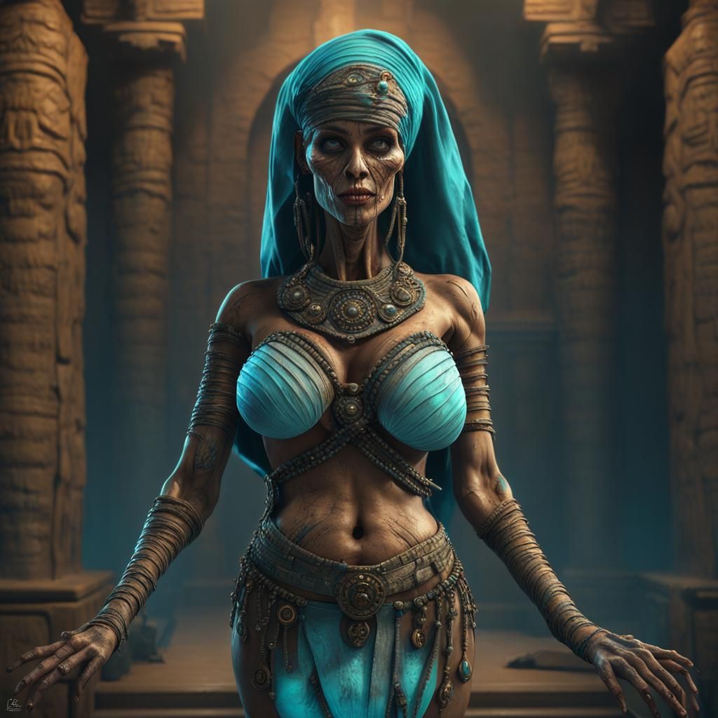 Mummy Woman in Cyan Bikini, Detailed Matte Painting