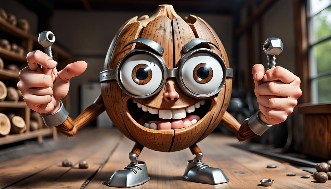 Cartoon Hickory Nuts Confront Steel Hex Nuts
