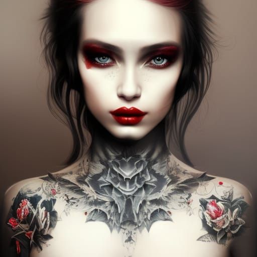 Tattooed Woman with Red Lipstick, Digital Illustration