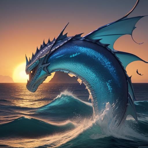 Majestic Sea Dragon Emerges at Sunset: Fantasy Art