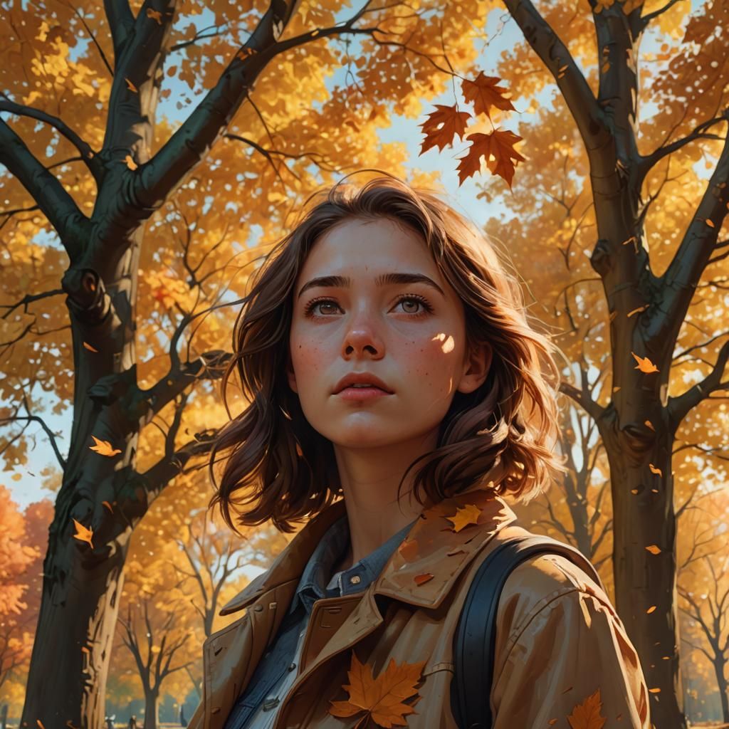 Sad Woman in Autumn Park, Hyperrealistic Concept Art