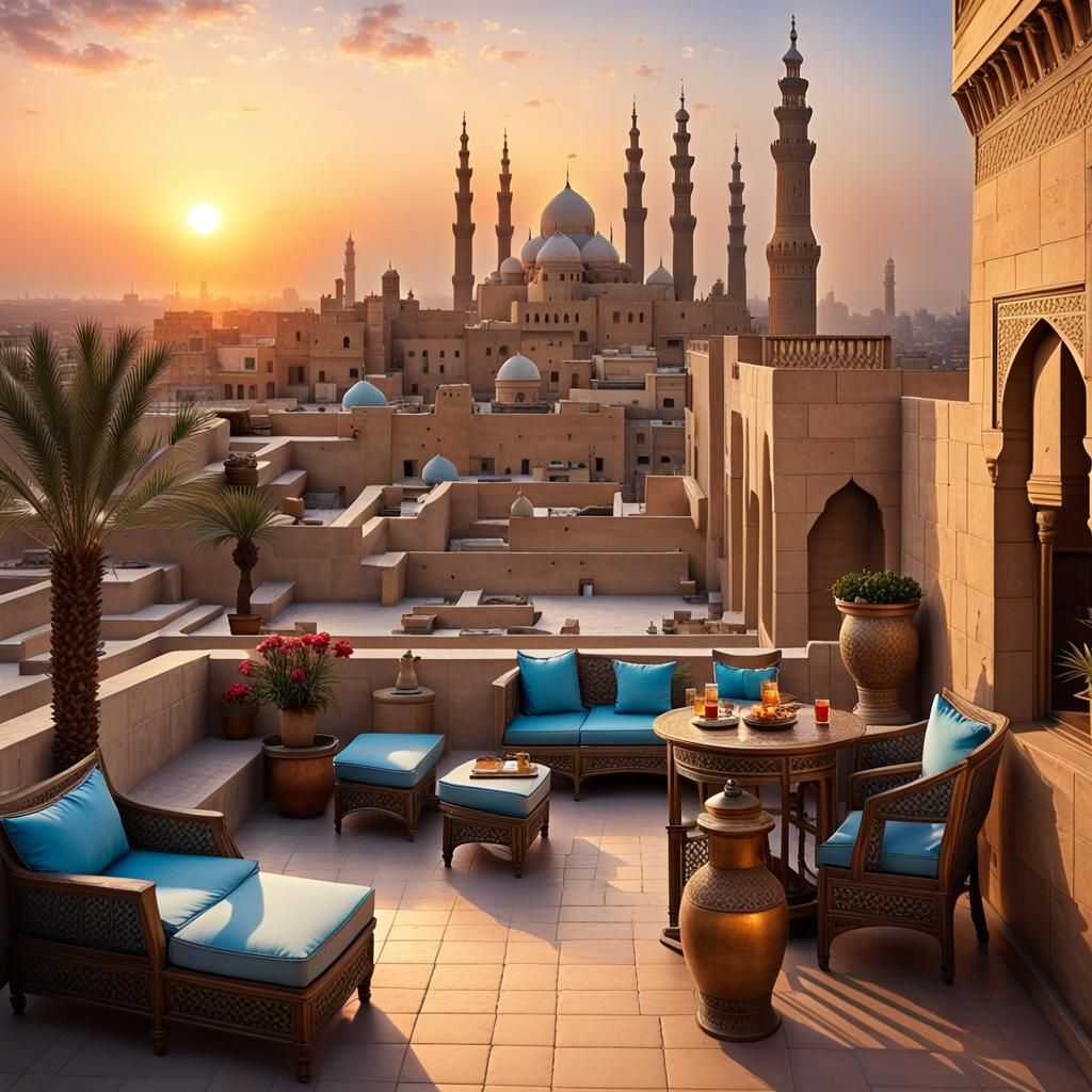 A magnificent rooftop terrace in old Egypt  at sunset, overl...