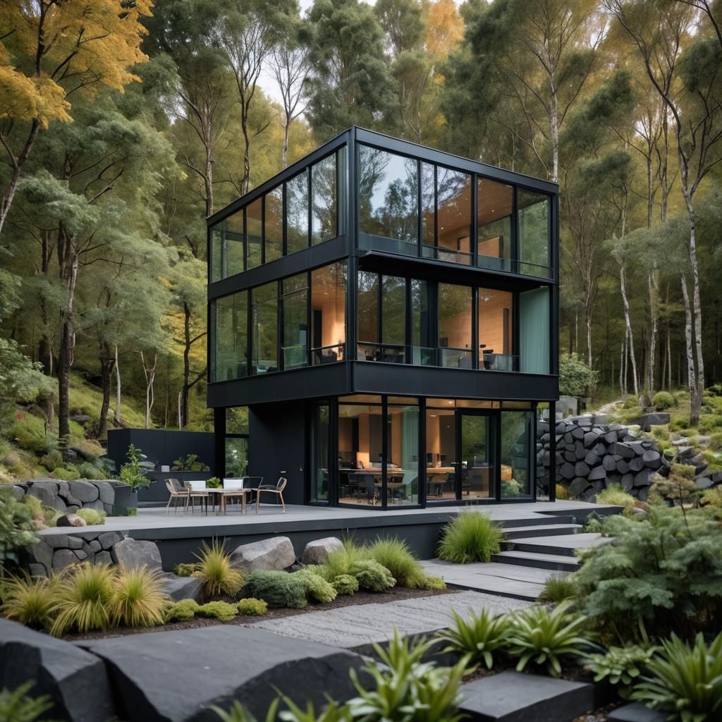Modern Biophilic House with Black Metal and Glass