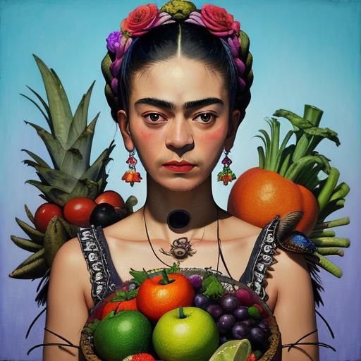 Frida Kahlo Angel Skull Still Life in Synthwave Style