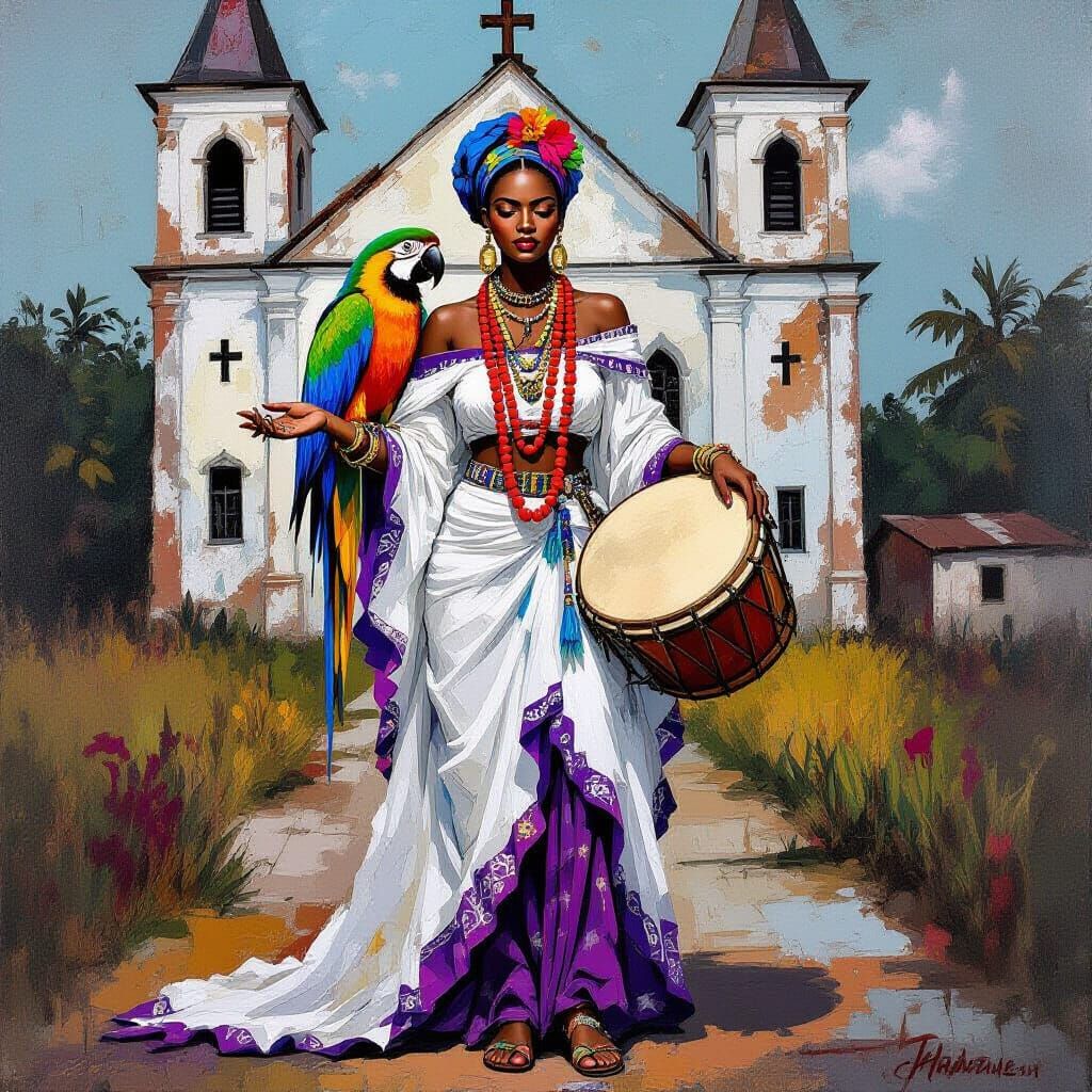 Voodoo Queen with Parrot in Basquiat Style