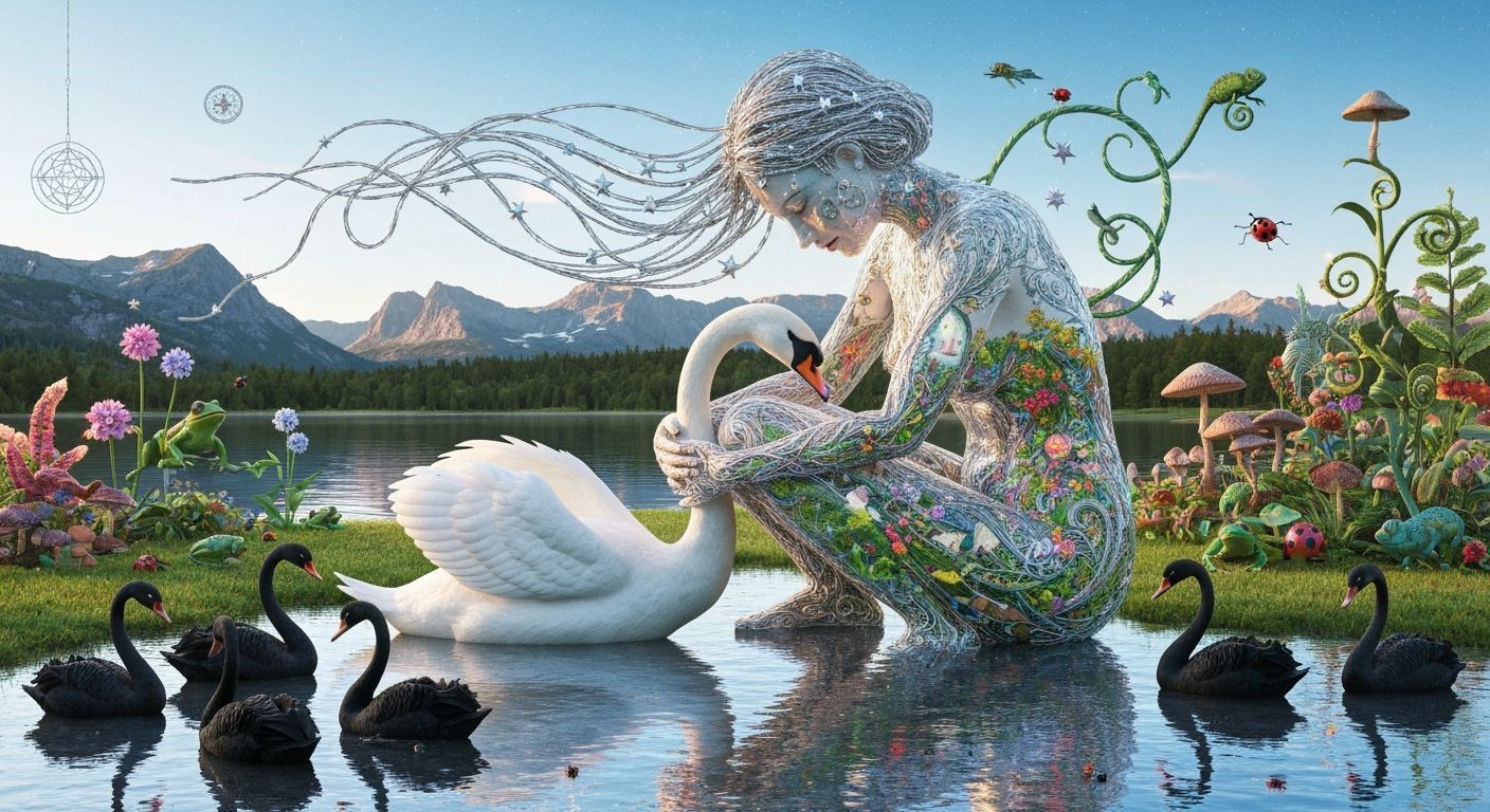 Surreal Fragmented Sculpture of Woman with Stars and Swan