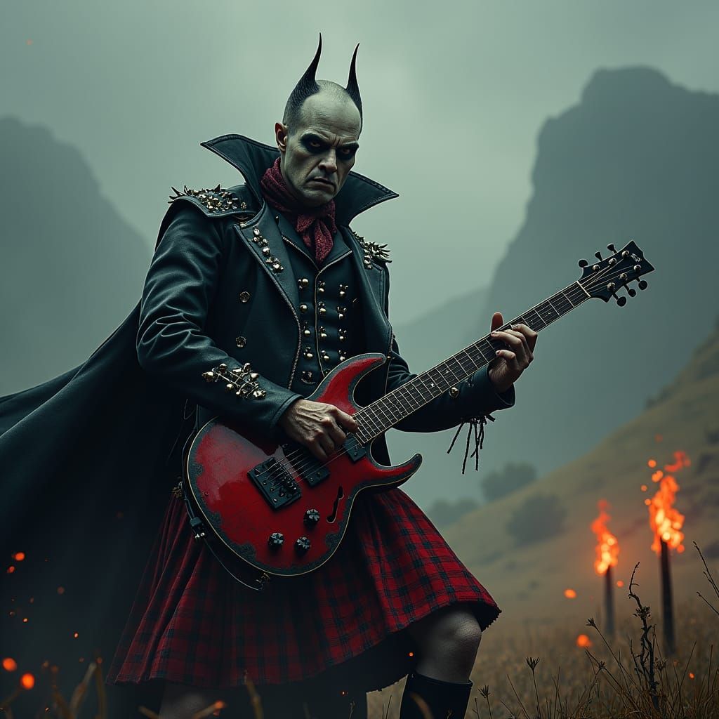 Scottish Dracula Shreds Guitar in Highland Mist