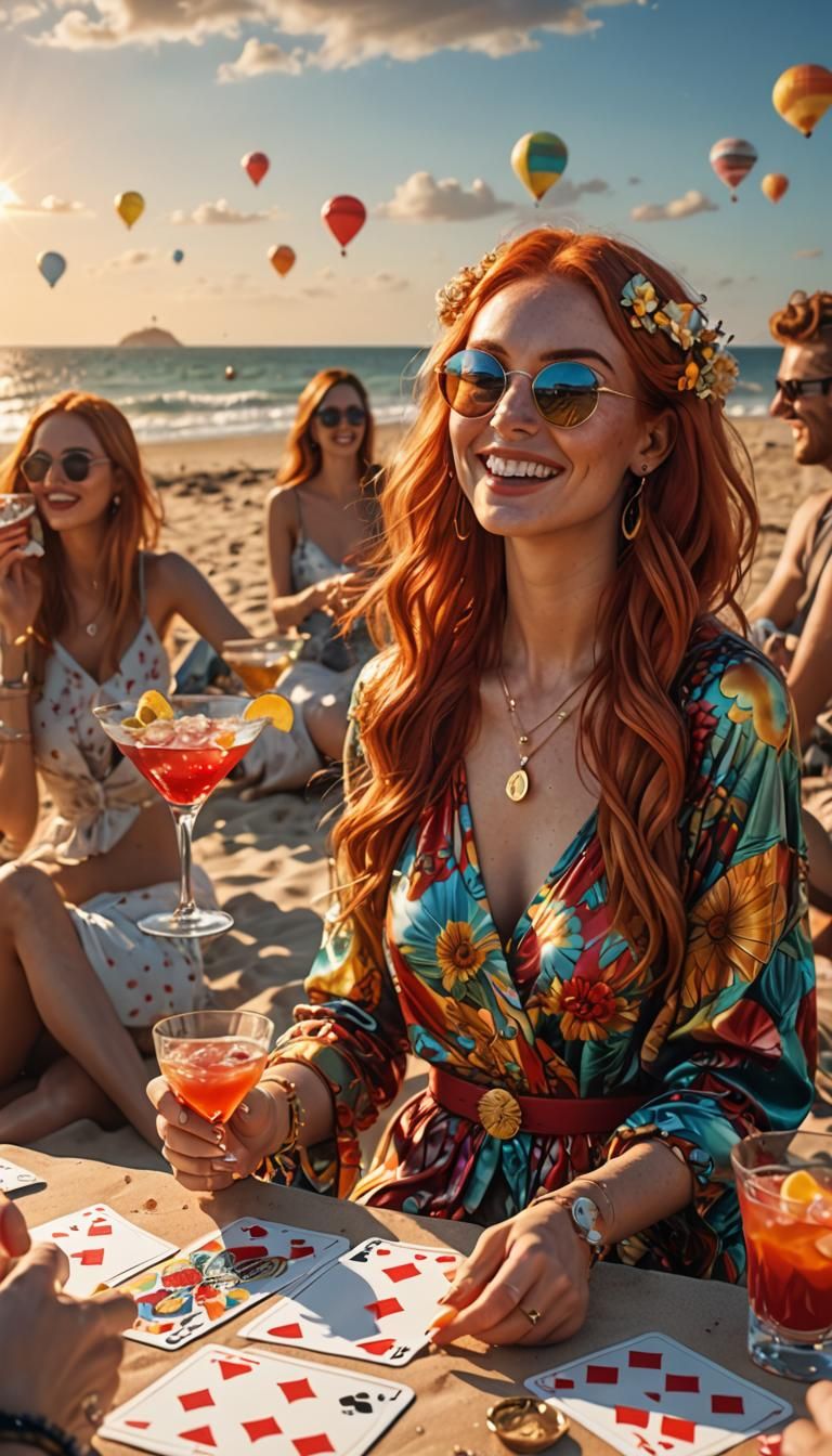 Psychedelic Beach Party: Red-Haired Women Playing Cards