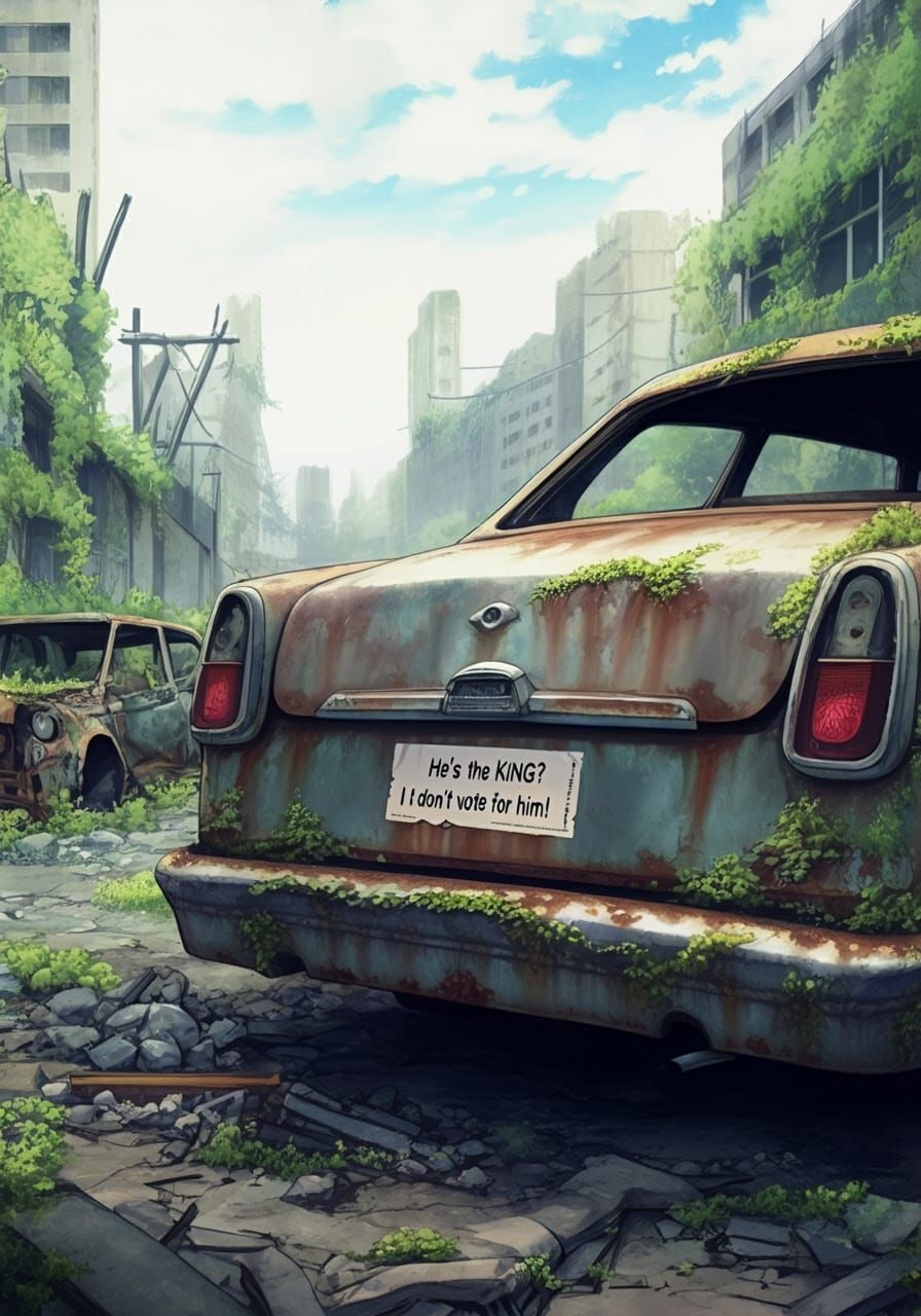 Dreamlike Bumper Sticker in Post-Apocalyptic Ruins