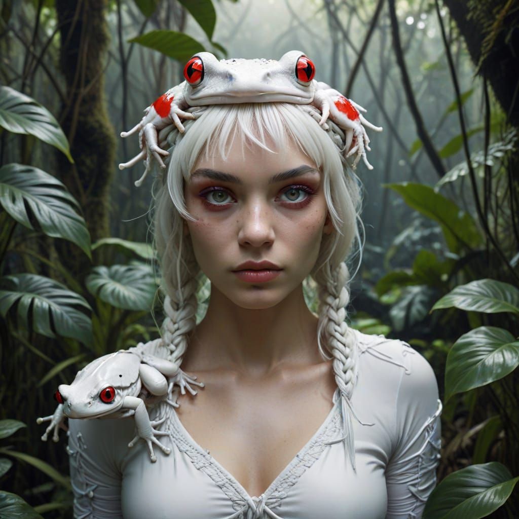 Surreal Jungle Scene with White-Haired Figure and Frog