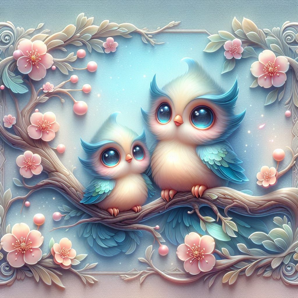 Whimsical Birds on Cherry Blossom Branch, Glossy Airbrush Ar...