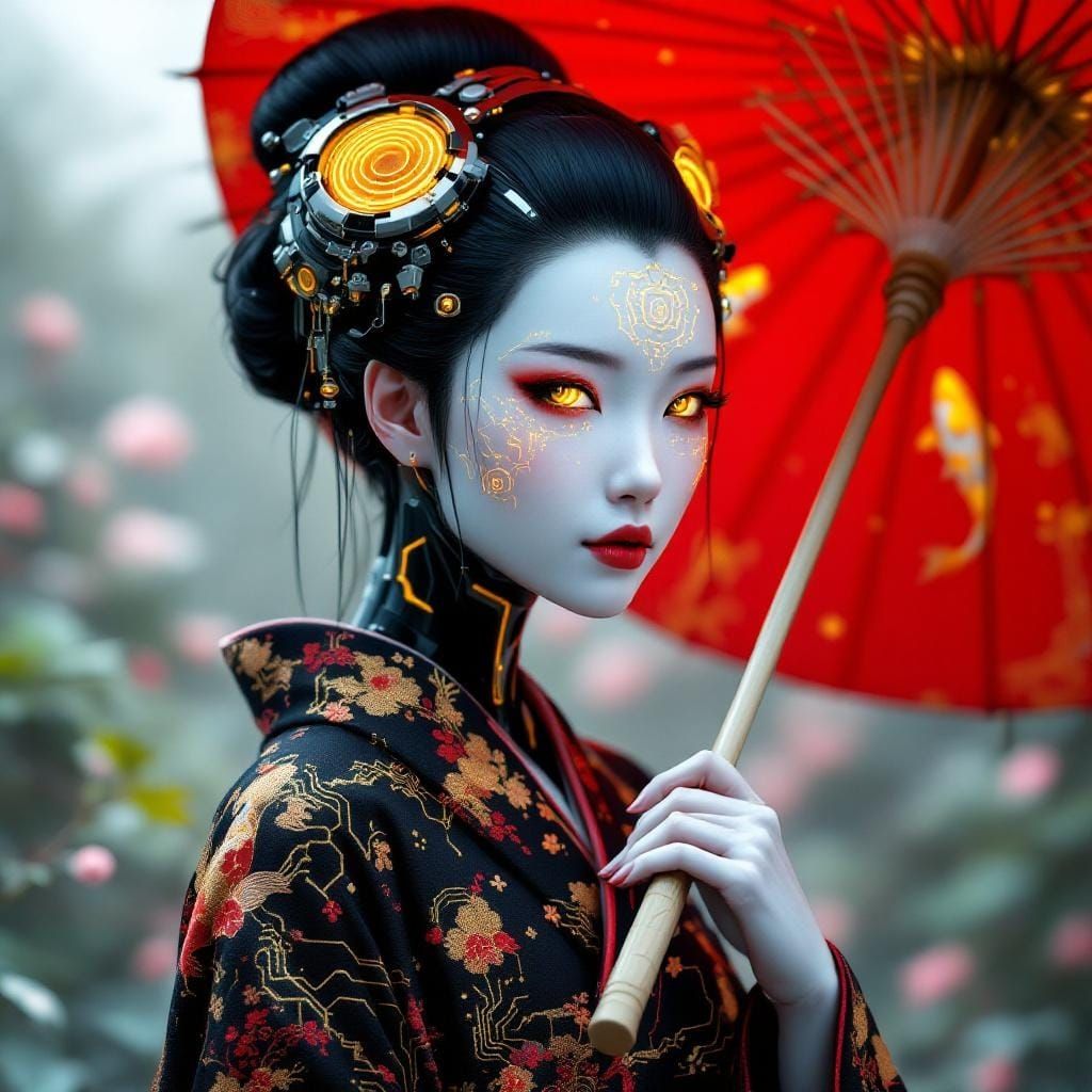 Cybernetic Geisha in Japanese Garden: Hyper-Realistic Illust...