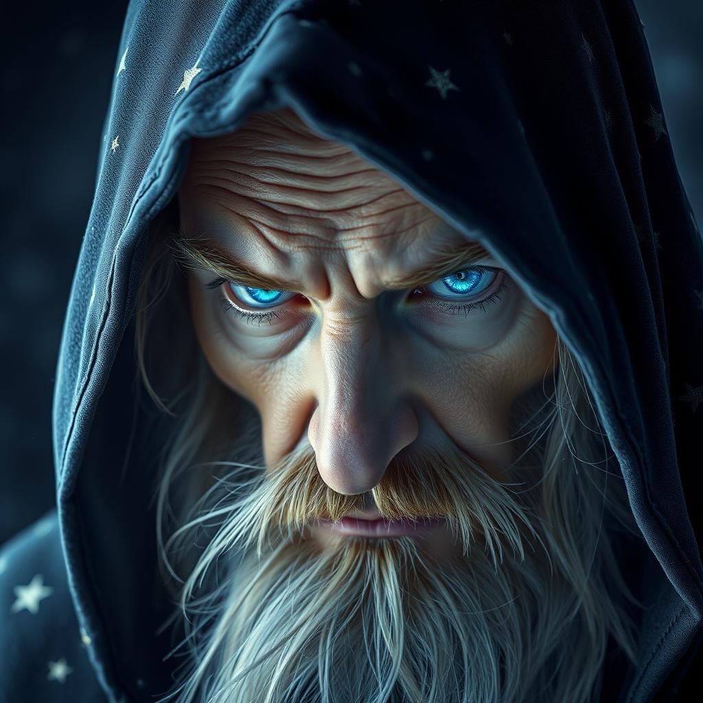 Mysterious Wizard with Starry Cloak and Glowing Eyes