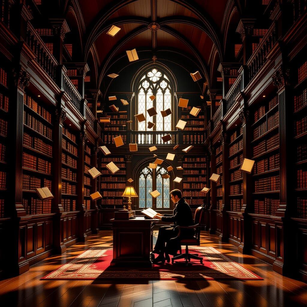 Floating Books in Ornate Gothic Library