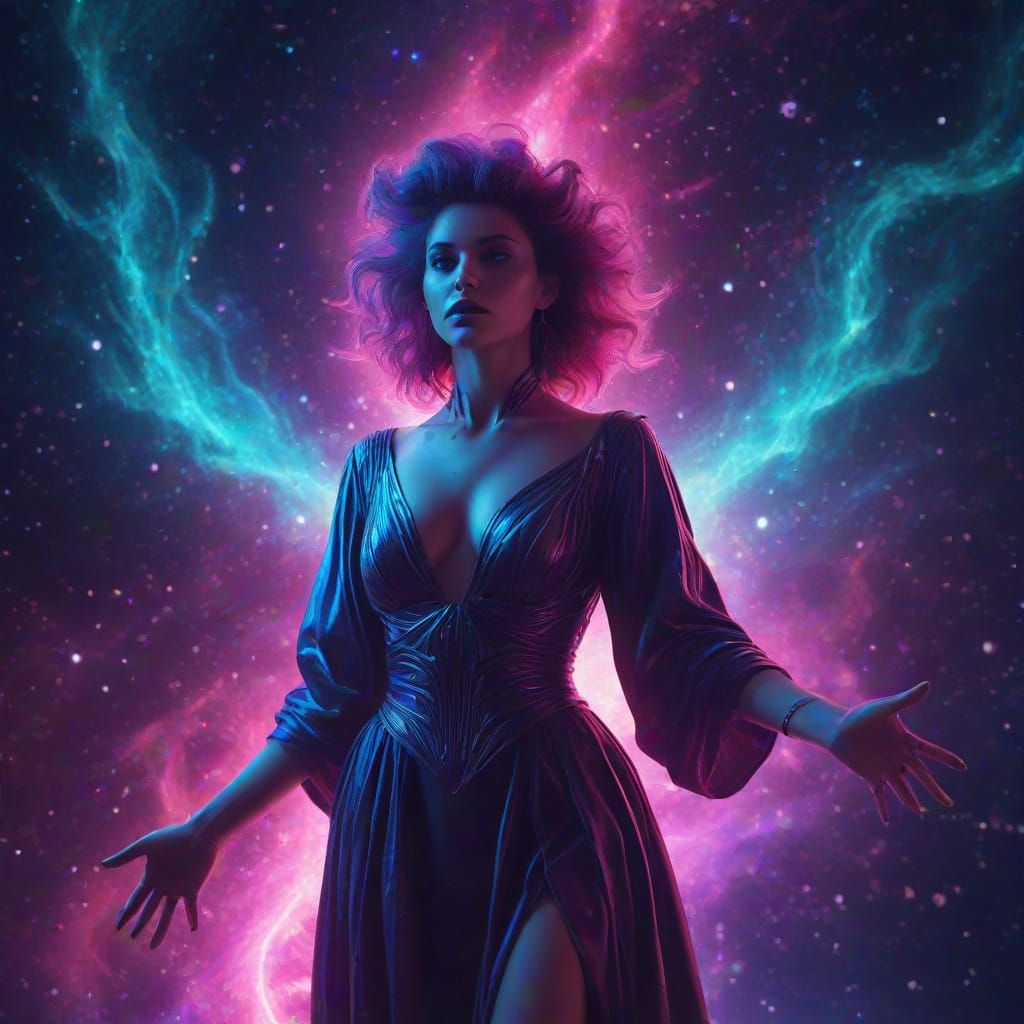 Synthwave Space Sorceress in Neon Cosmic Energy