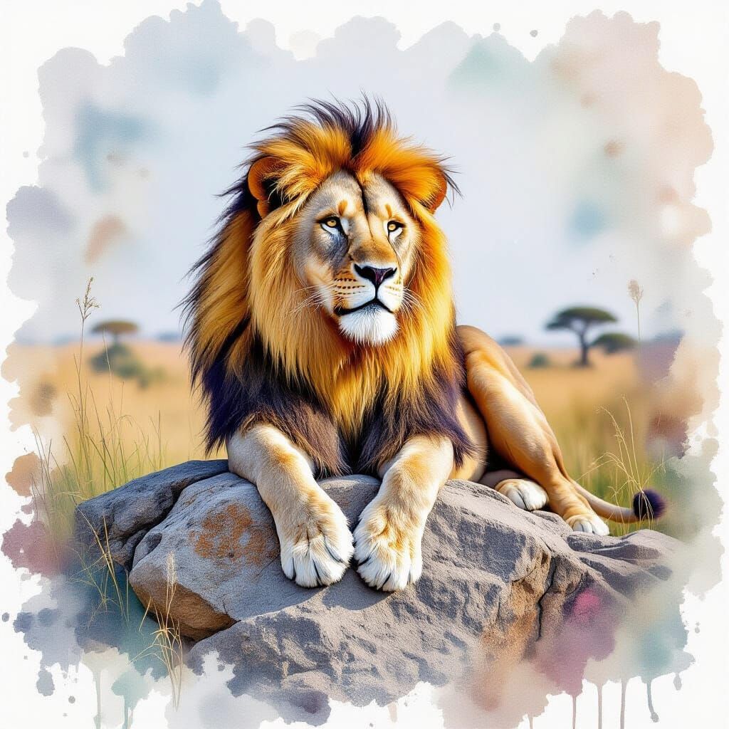 Lion on Croppy Rock in Africa: A Watercolour Fusion