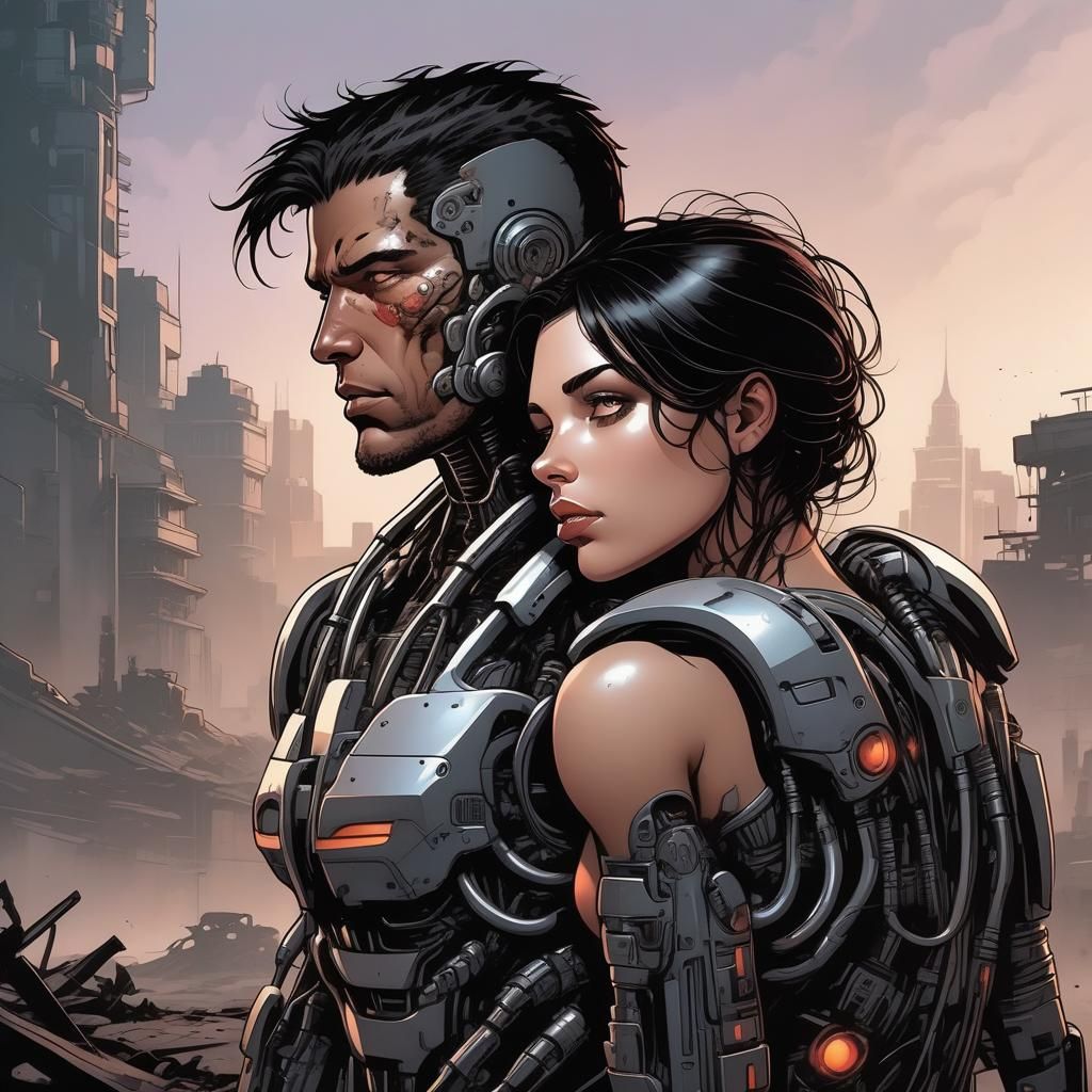 Post-Apocalyptic Cyborg Couple in Comic Book Art