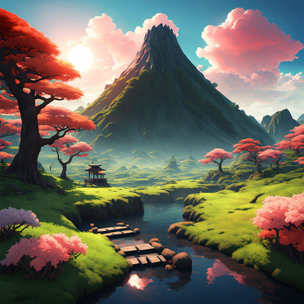 Mario Amidst a Tropical Volcanic Sunset