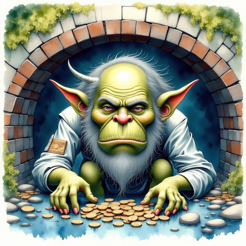 Cute Watercolor Troll Under the Bridge