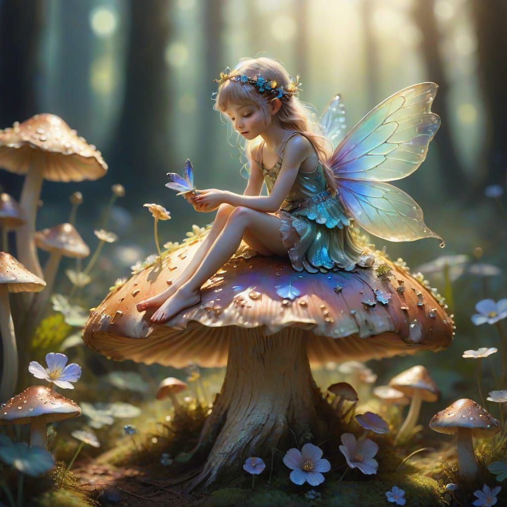 Whimsical Fairy on Mushroom in Dappled Sunlight