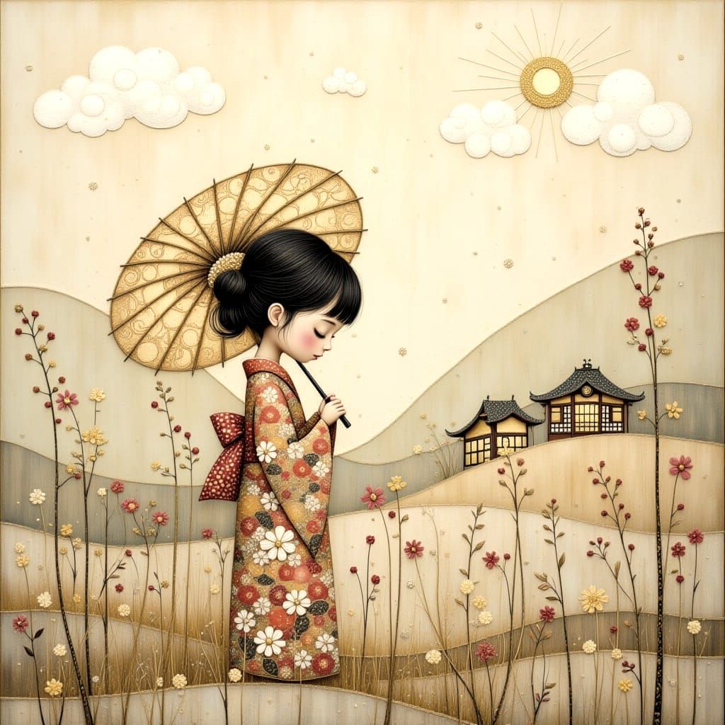 Little Japanese Girl with Bamboo Umbrella in Paper Art Style