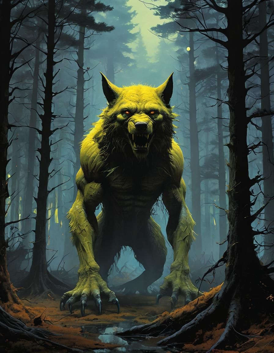 Werewolf Emerges from Dark Forest in Beksiński Style