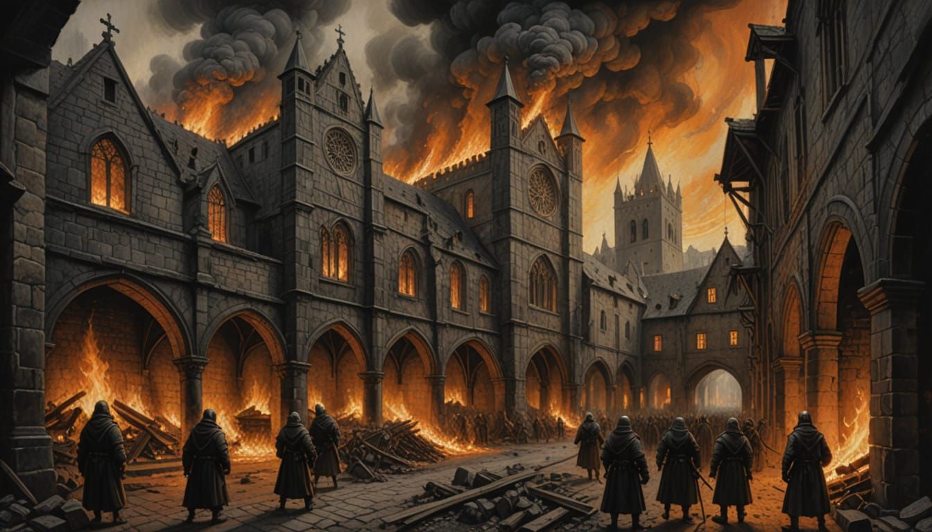 Medieval Monastery Under Siege in Charcoal Style