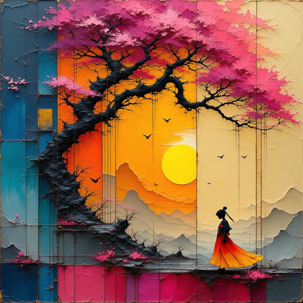 Samurai Under Cherry Blossoms in Abstract Style