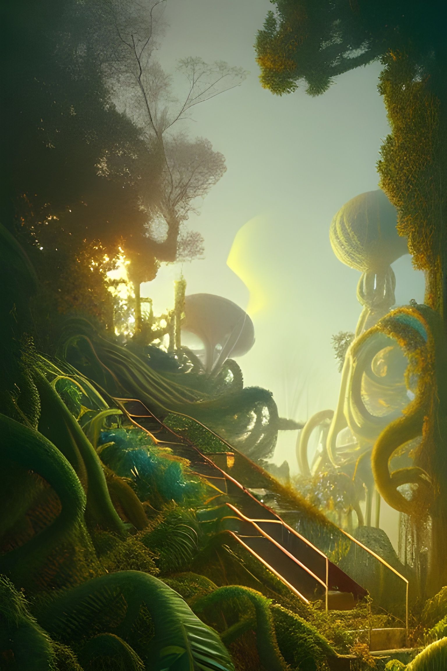 Surreal Stairways with Psychedelic Clouds in Rococo Style