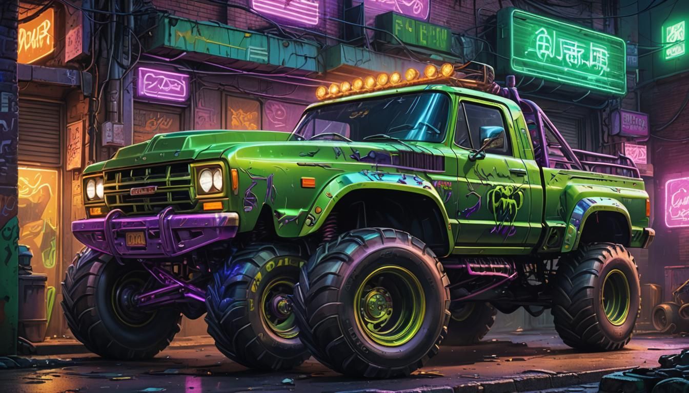 Green Monster Truck in Cyberpunk Alleyway