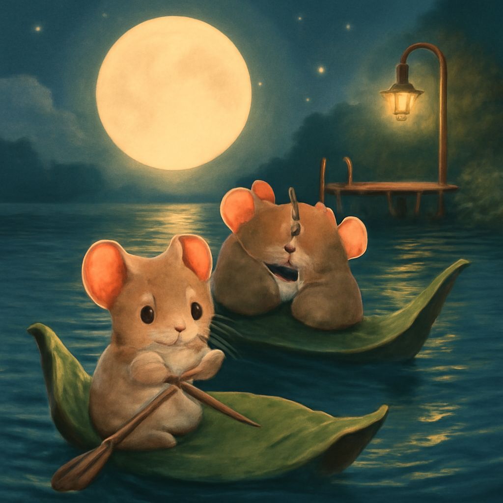 Romantic Mouse Couple Kissing on Leaf Boat Under Moonlit Sky