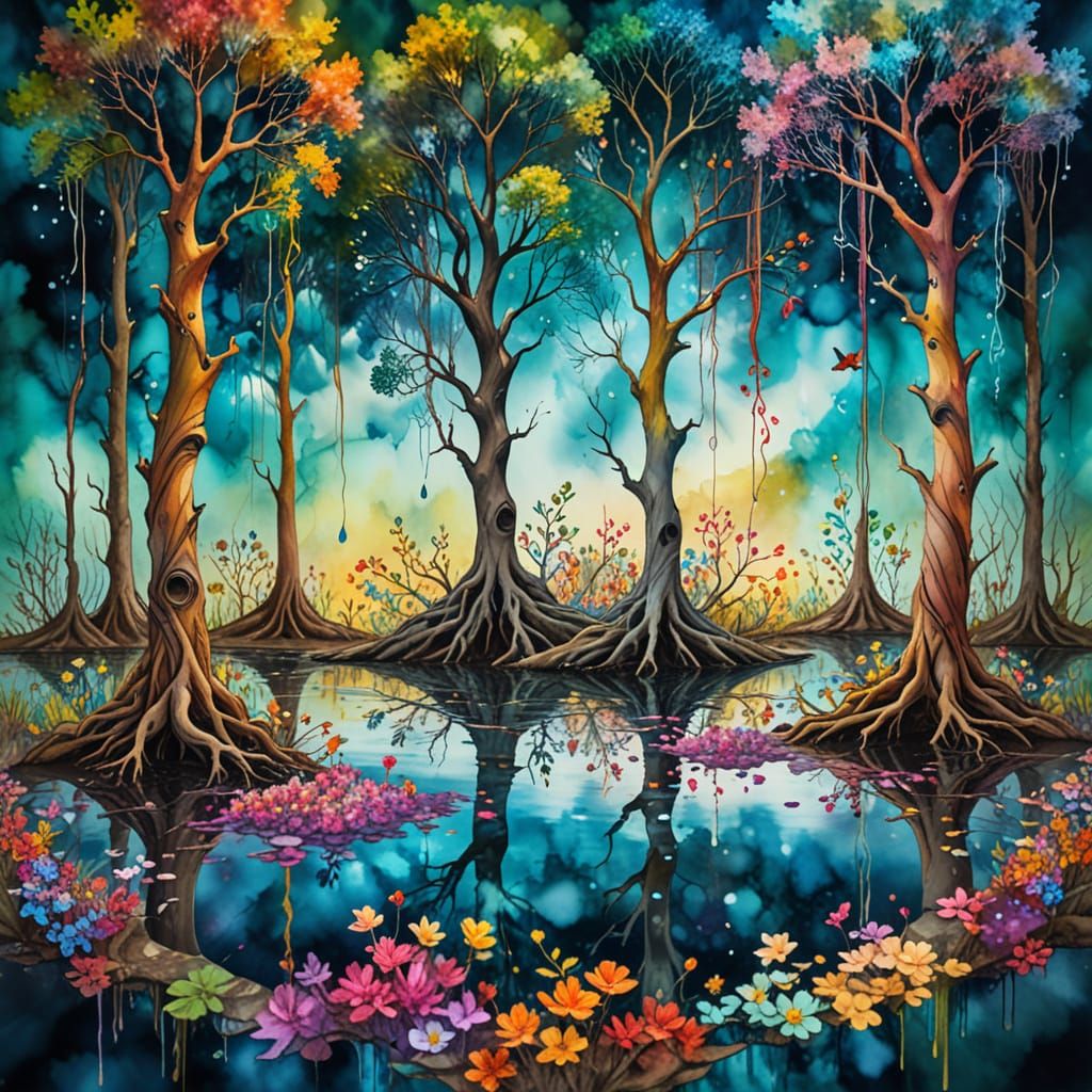 Upside Down Trees in Vibrant, Dreamlike Landscape