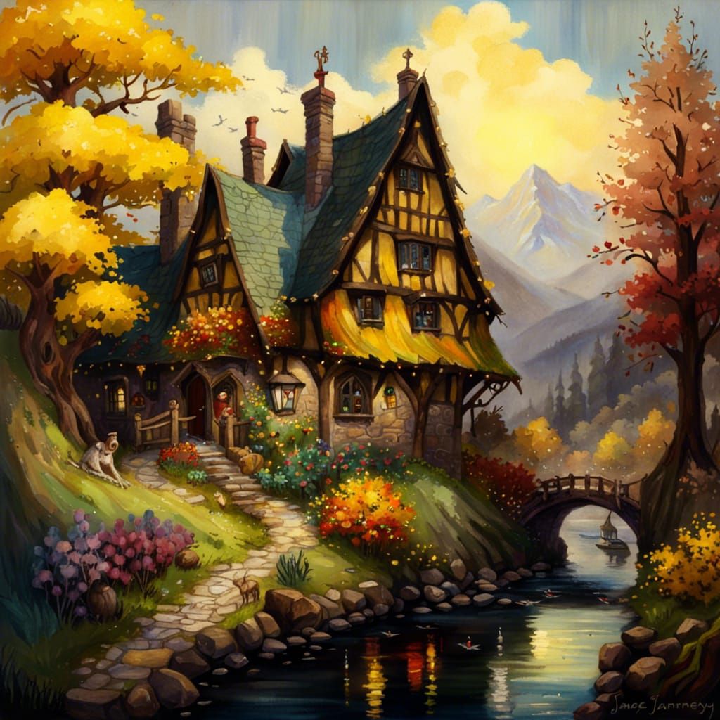 Enchanting Gothic Cottagecore Inn by River, Watercolor