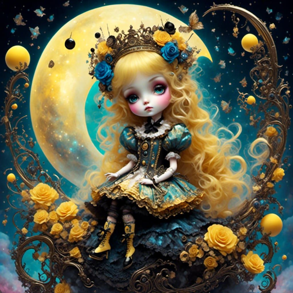 Alice in Steampunk Moonscape: Ethereal Liquid Art