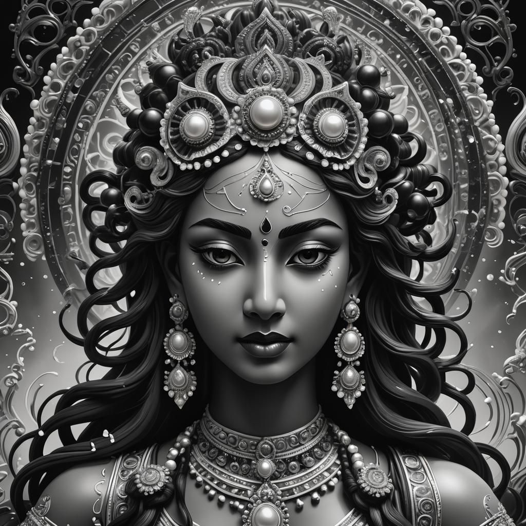 The Hyperdetailed Goddess Durga: Art Nouveau in Black and White