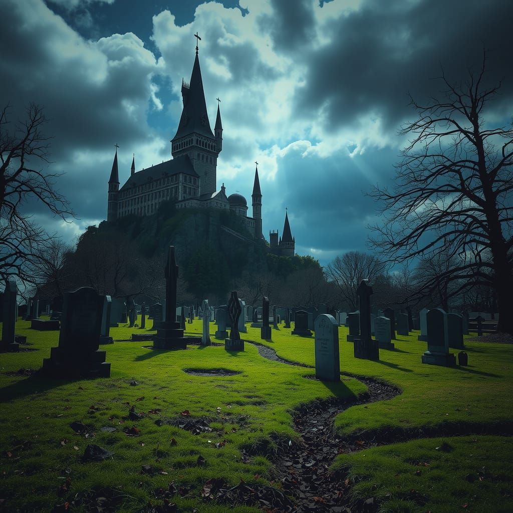 Creepy Castle and Cemetery Landscape