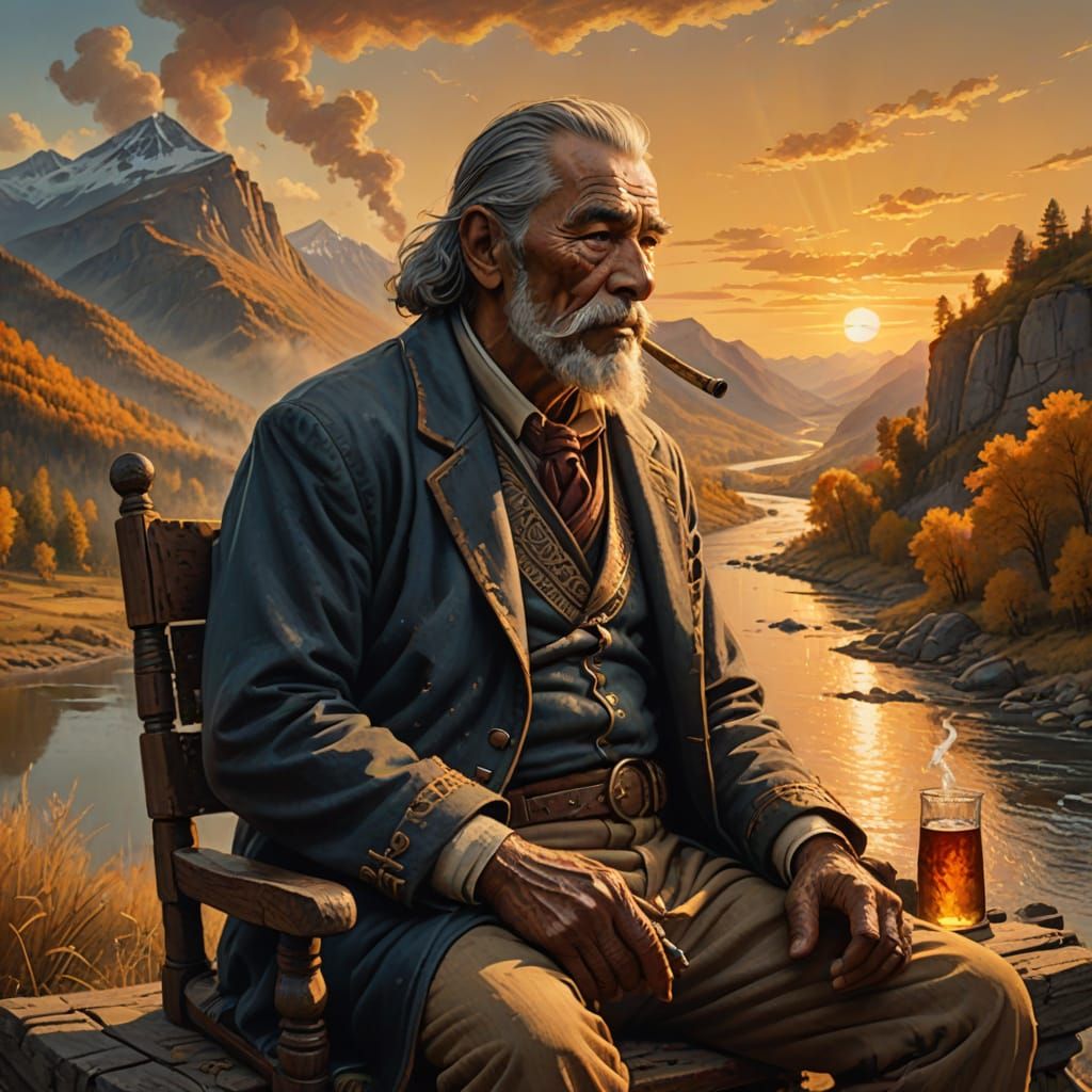 Weathered Warrior Contemplates Sunset Over a River Valley