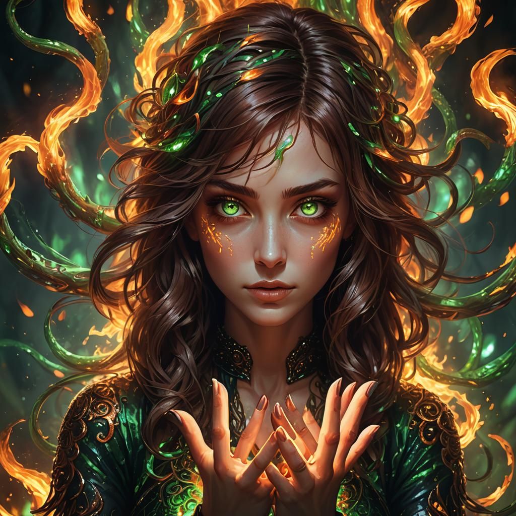 Brown Haired Girl Unleashes Fiery Tentacles in Close-Up Port...