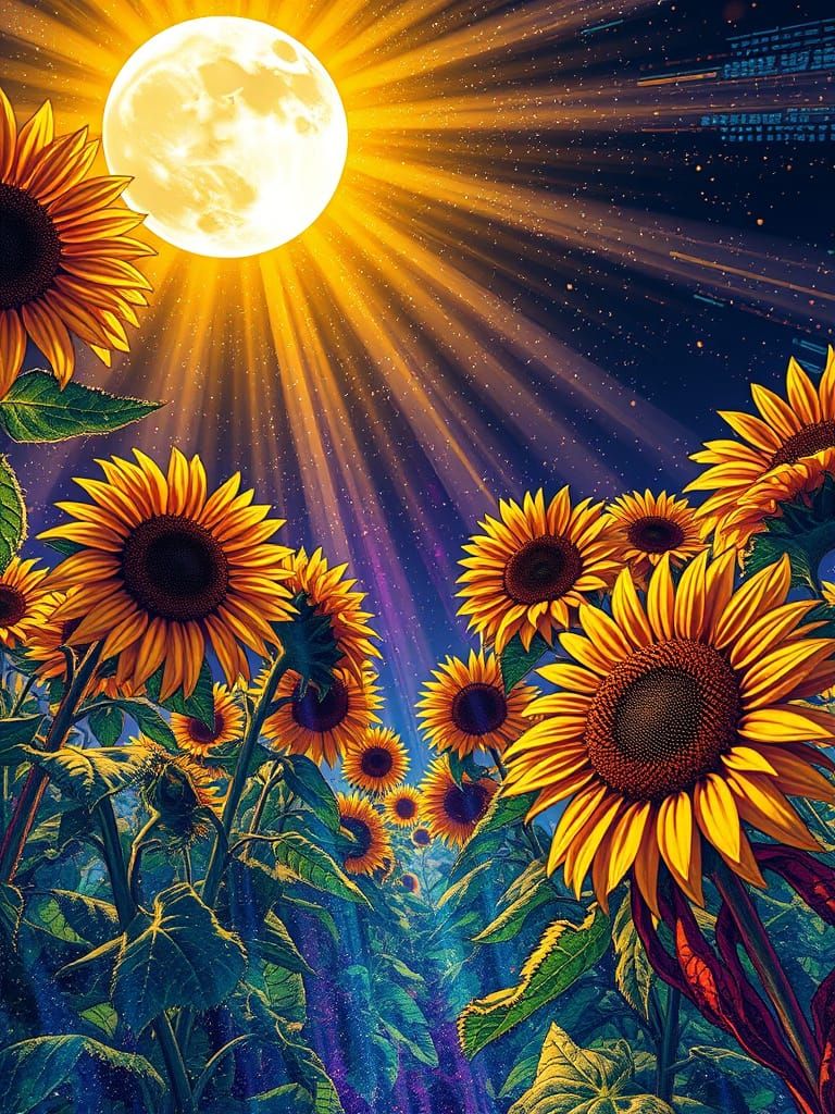 Giant Gilded Sunflowers Under Moonbeams