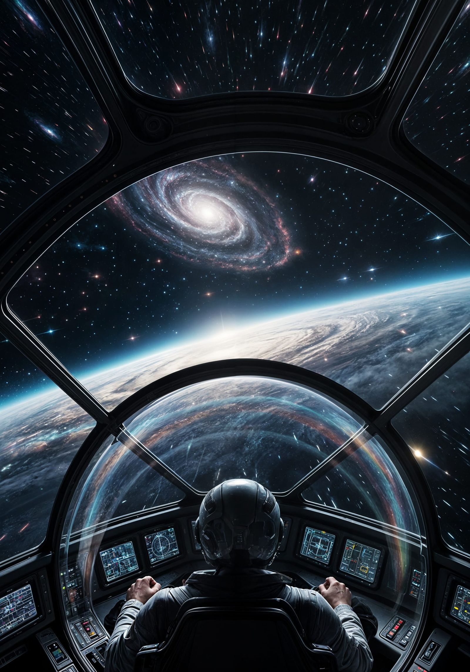 Futuristic Aircraft Cockpit Accelerating Through Intergalact...